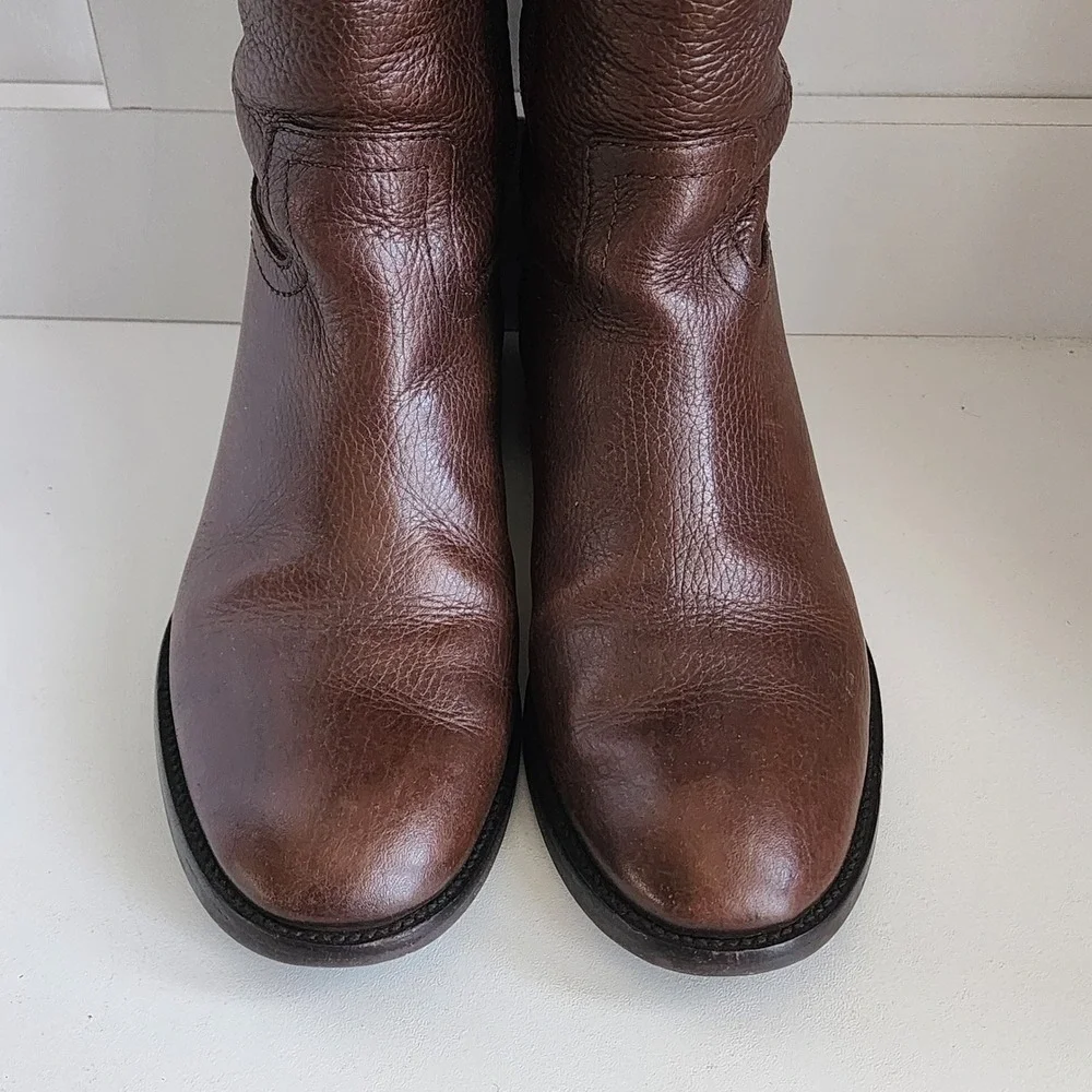 Tory Burch Julian Riding Boot Brown Leather Knee High Gold Logo Buckle Women 6.5